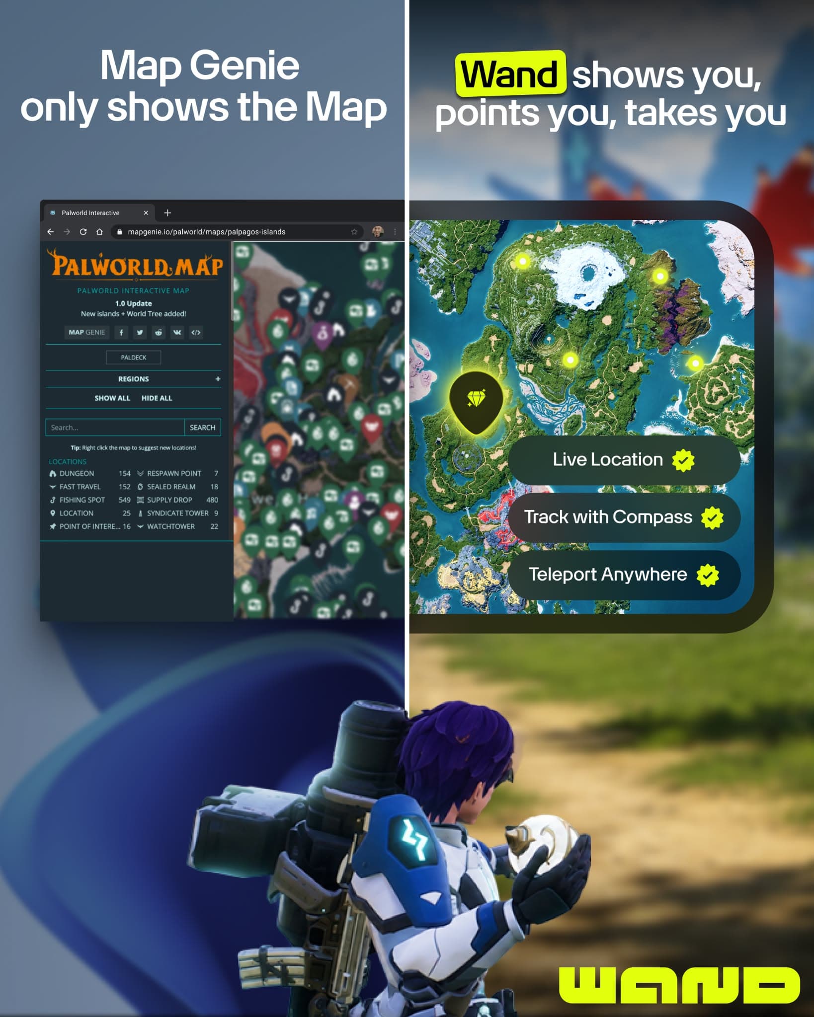 Split-screen Palworld ad comparing a cluttered traditional map tool with Wand’s in-game navigation features including live location, compass tracking, and teleportation.