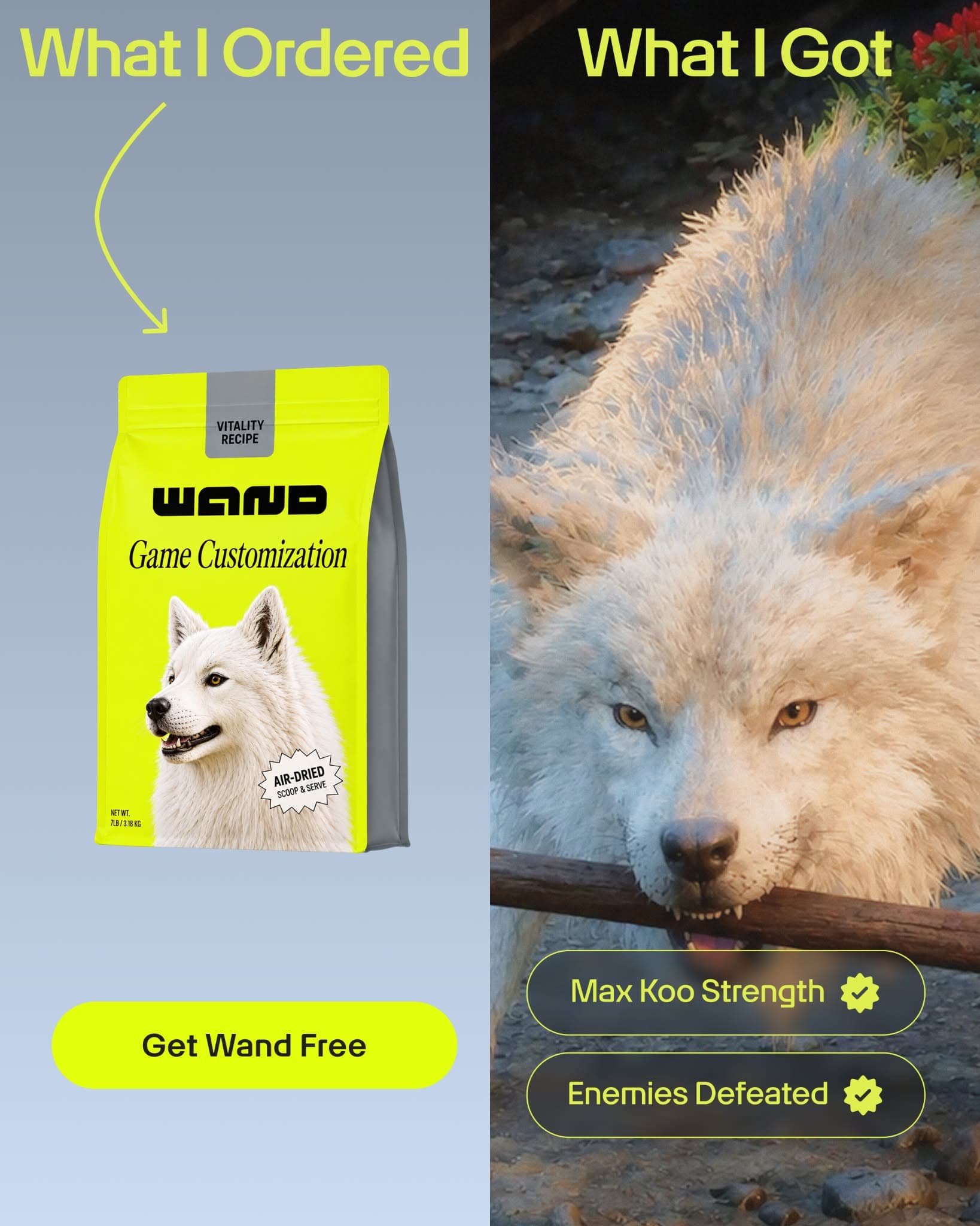 Split-screen Wand ad using the “what I ordered vs what I got” meme format, contrasting a packaged game customization product with an overpowered in-game creature and boosted stats.