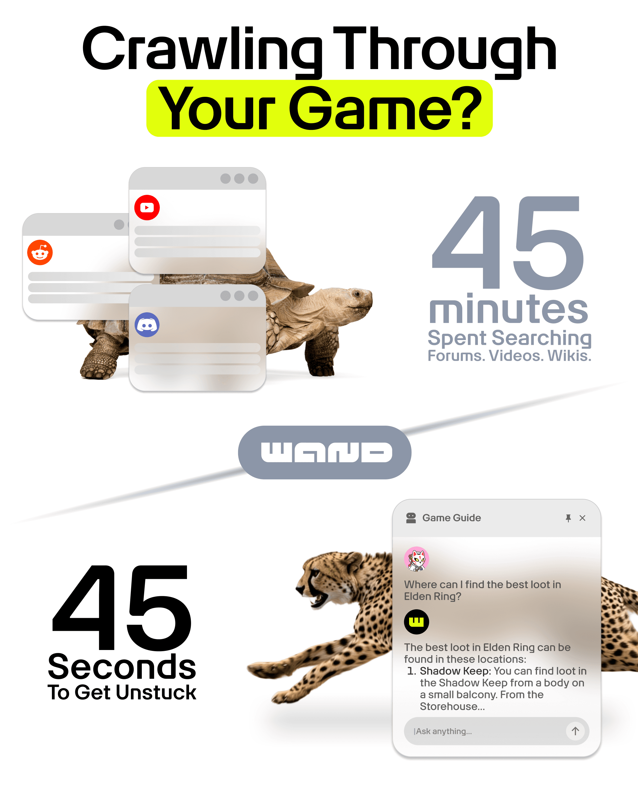 A tortoise crawls through a maze of tabs and searches while Wand gets you unstuck.