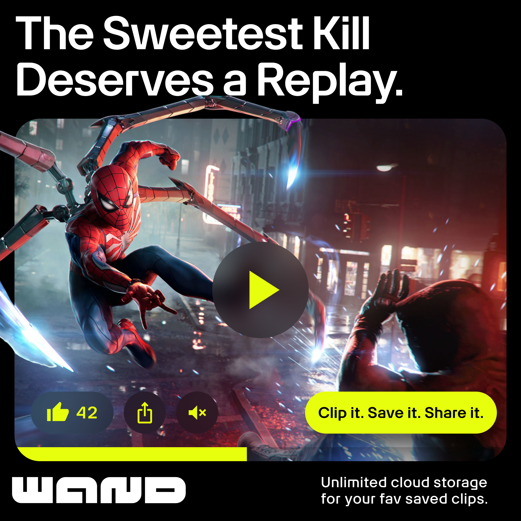 Spider-Man lands a dramatic attack while a video-style interface promotes saving and sharing the moment.