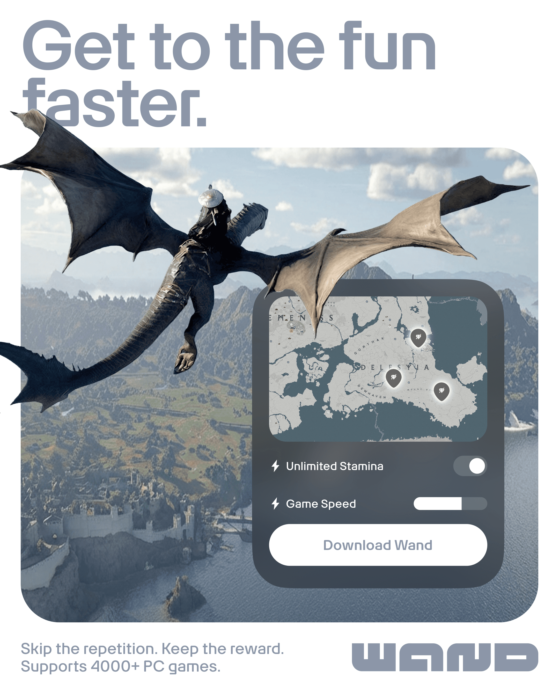 A player takes to the skies over Crimson Desert while Wand puts the world, map, and gameplay assists within reach.
