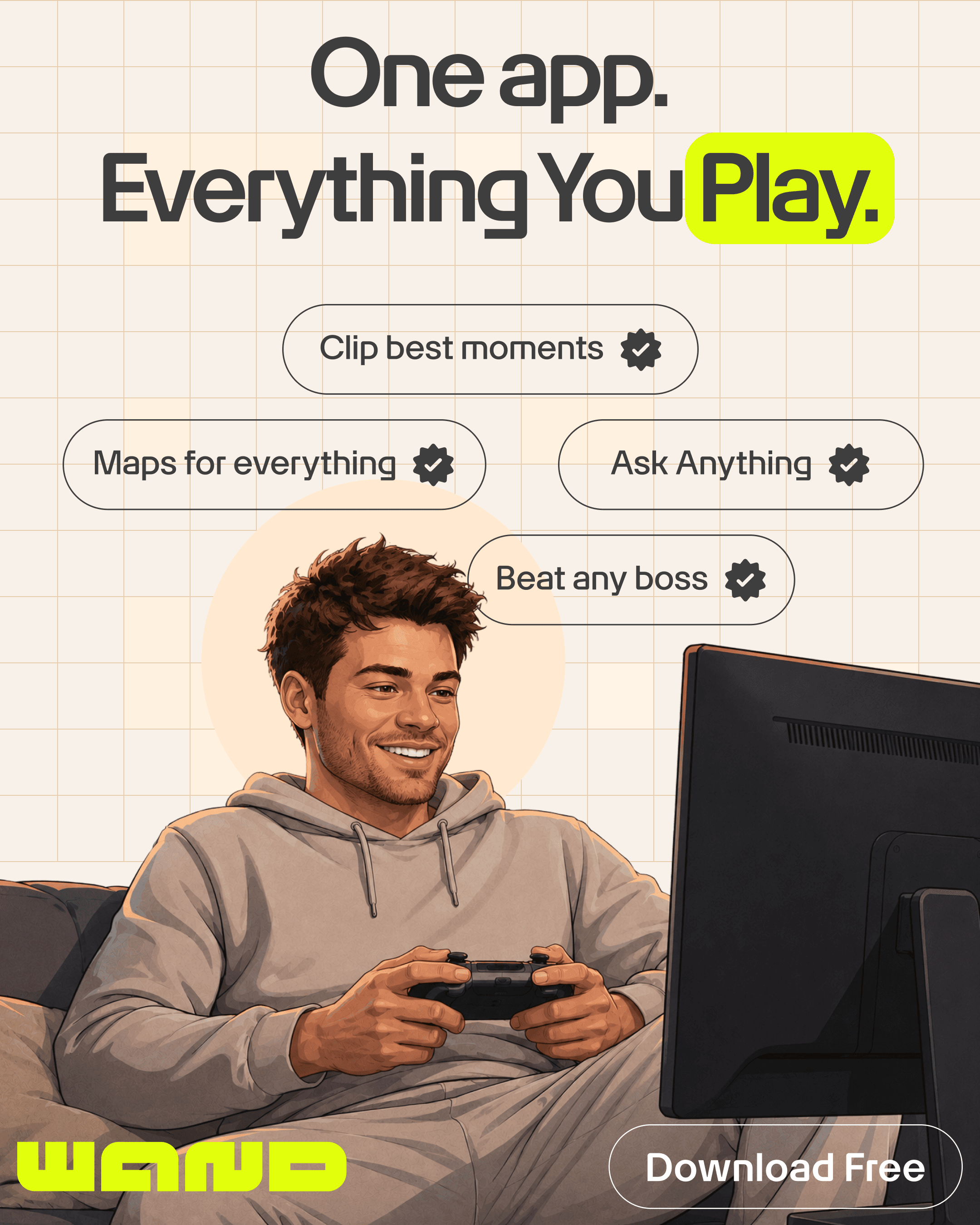 A gamer settles into the session while Wand puts clips, maps, answers, and gameplay tools within reach.